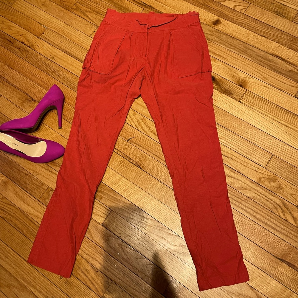 NWOT Worth Linen Pleated Paperbag Pinstripe Trousers vibrant Dressy Pants red S